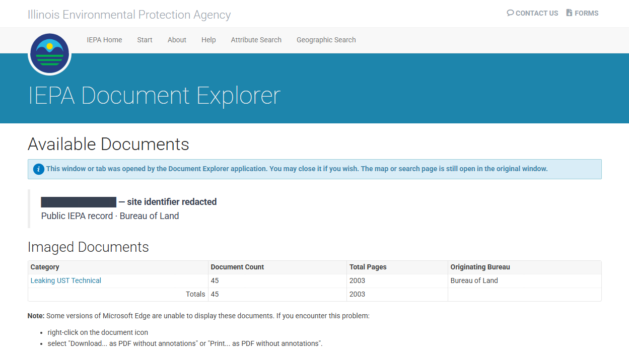 The site's record in the IEPA Document Explorer showing 45 documents and 2,003 pages