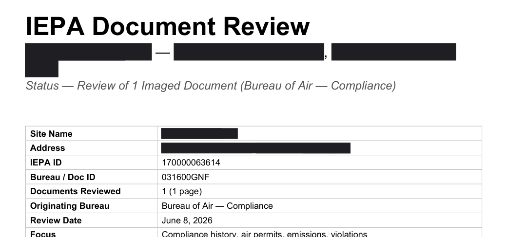The finished report for the same site: a facts table with site details, IDs, bureau, and review date